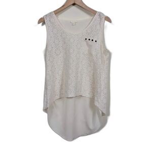 Pearl Lace Tank‎ Top Blouse Womans Size M Ivory Pocket Semi Sheer